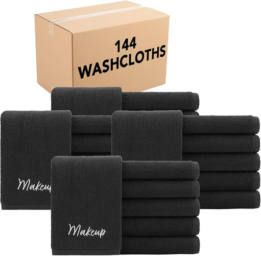 Arkwright Makeup Remover Washcloths Bulk, Case of 144, 100% Cotton Soft Quick Dry Reusable Face Towels for Makeup Removal and Facial Cleansing, 13 x 13 in, Black
