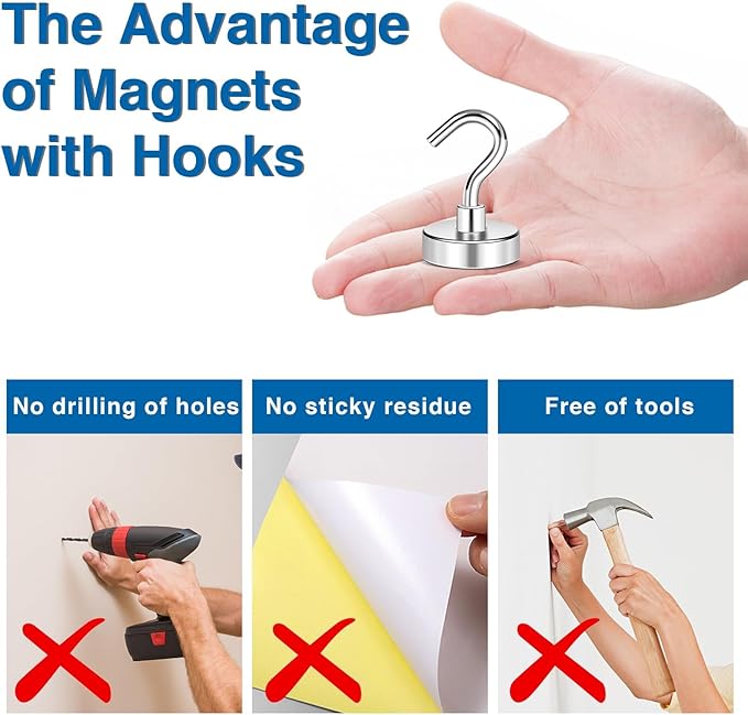 LOVIMAG Magnetic Hooks for Cruise Cabins, 50lbs Magnetic Hooks for Classroom, Strong Magnets with Hooks for Hanging, Neodymium Magnet Hooks for Fridge, Ceiling, Locker, Camper, Travel-12 Pcs