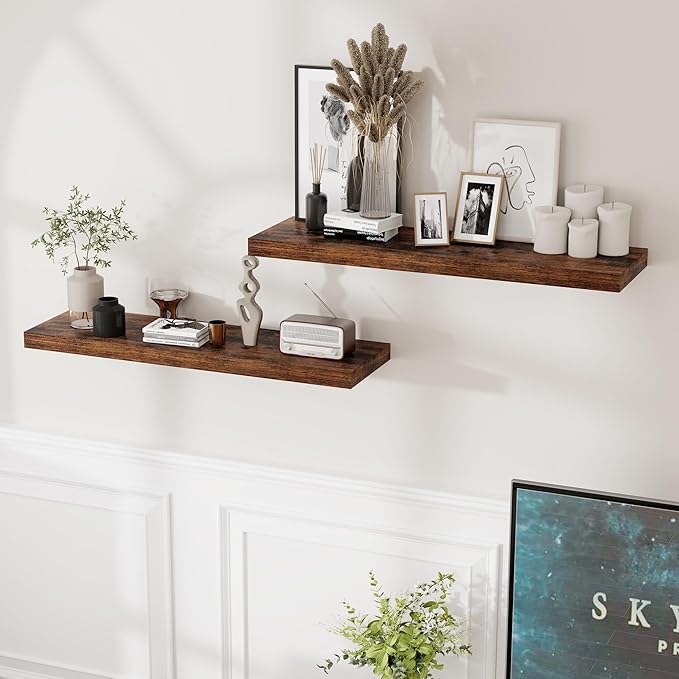 Floating Shelves for Wall, 36 x 9.3 Large Floating Shelf Wall Mounted Set of 2, Rustic Wood Shelves for Bathroom, Kitchen, Living, Heavy-Duty Storage Deep Shelf for Books, Decor, Rustic Brown