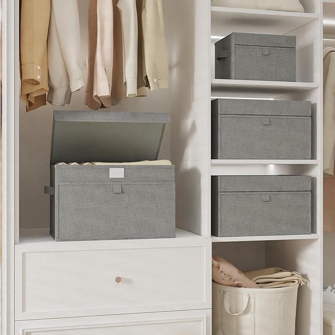 Storage Boxes with Flip Cover, Foldable Bin for Clothes, Cubes with Handles, Decorative Linen Baskets for Home, Bedroom, Closet, 13x9.1x7.9in, Grey, 4 Pack