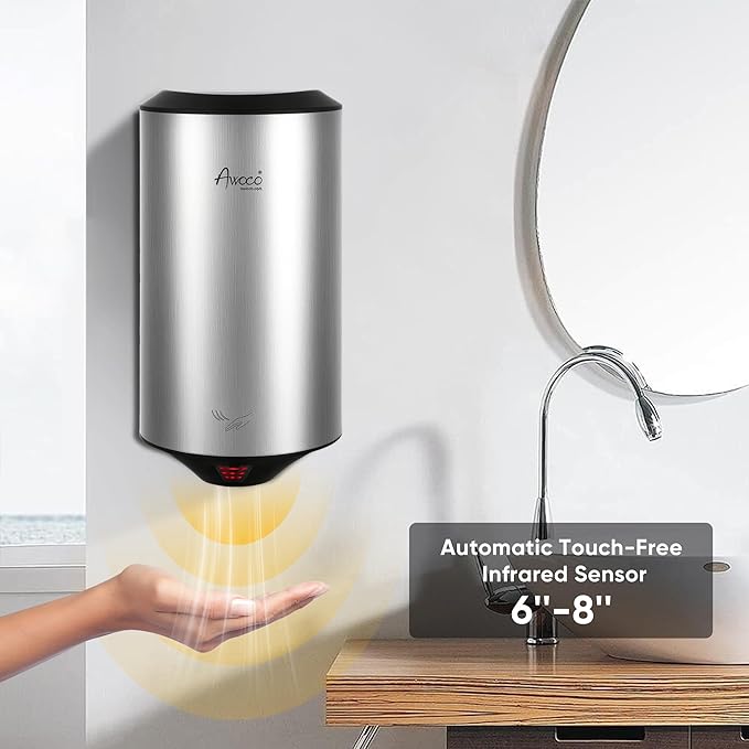 Awoco Round Compact Stainless Steel 1350W 120V Automatic High Speed Commercial Hand Dryer, UL Listed