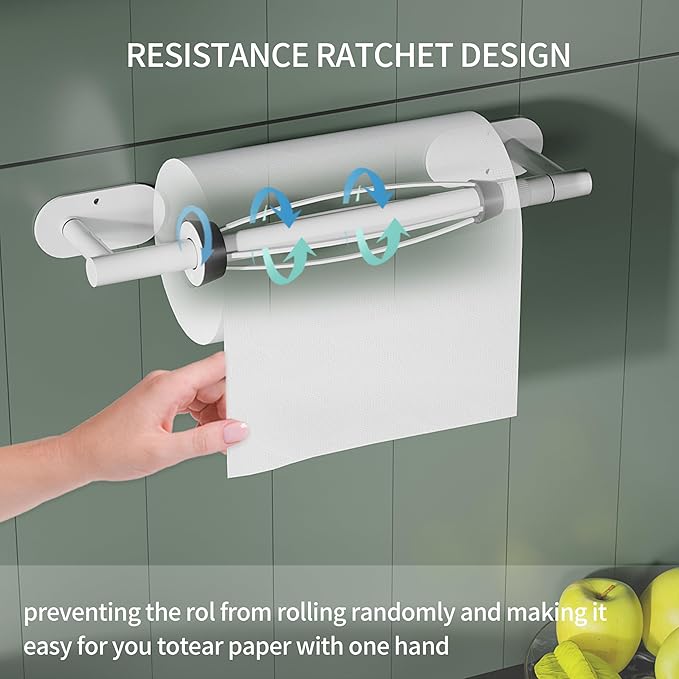 Paper Towel Holder Under Cabinet, Single Hand Operable Roll Holder with Damping Effect,Self-Adhesive or Drilled SUS304 Stainless Steel for Kitchen Bathroom,White