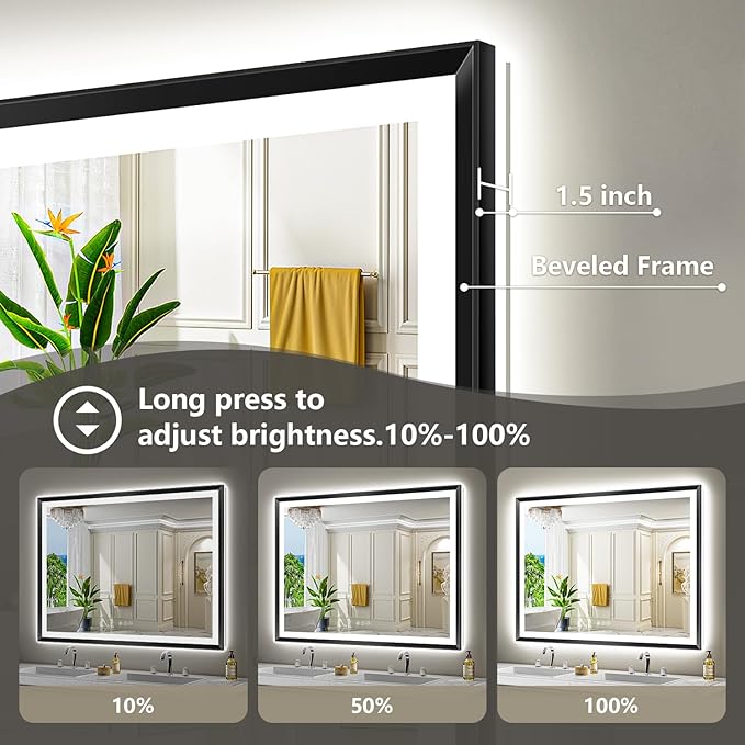 48x40 Black Framed LED Bathroom Mirror with Lights, Backlit and Front Light, Lighted Bathroom Vanity Mirror for Wall Dimmable Anti-Fog Memory Tempered Glass Horizontal/Vertical