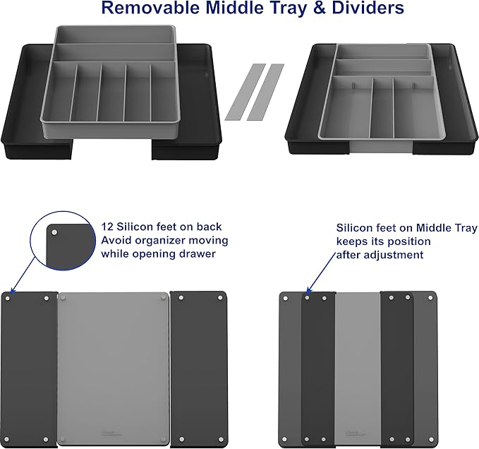 Simple Houseware Expandable Kitchen Drawer Flatware Organizer, Black/Gray
