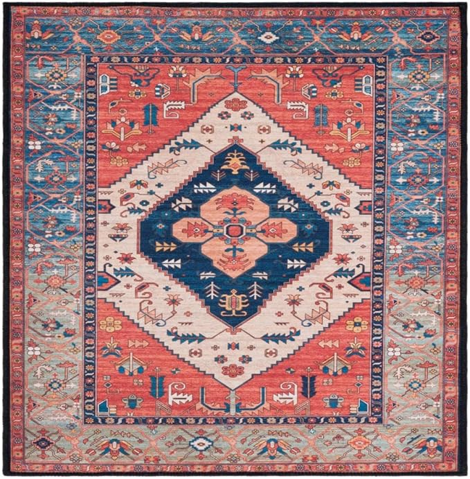 SAFAVIEH Washable Rug Tucson Collection - 2'6" x 4', Rust & Blue, Slip Resistant & Easy to Clean, Ideal for Living Room, Bedroom, Dining Space (TSN153P)