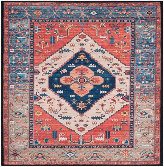 SAFAVIEH Washable Rug Tucson Collection - 2'6" x 4', Rust & Blue, Slip Resistant & Easy to Clean, Ideal for Living Room, Bedroom, Dining Space (TSN153P)