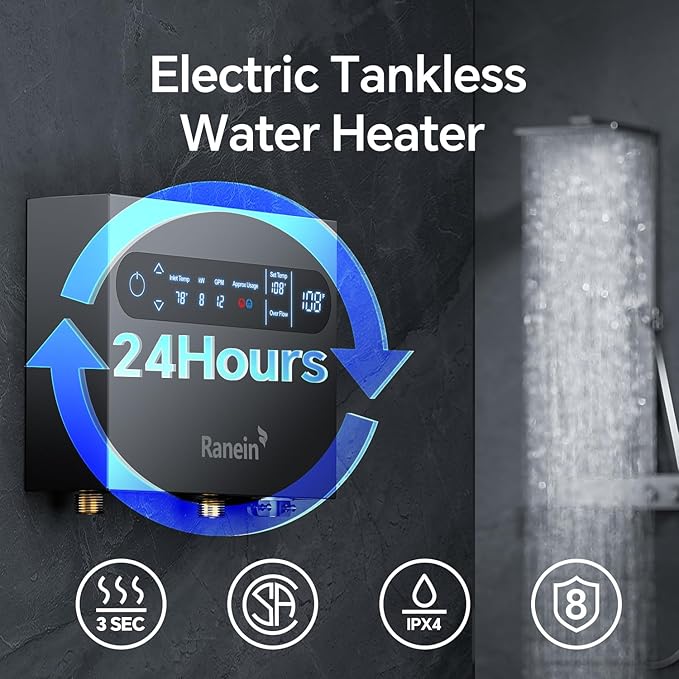 Ranein 8kW Tankless Electric Water Heater, 240V on Demand Instant Endless Water Heater with LED Temperature Display for Bathroom and Kitchen sink