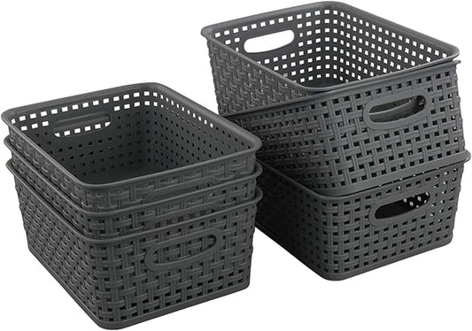 Teyyvn Plastic Storage Basket, 10.03" x 7.59" x 4.09", Pack of 6, Gray