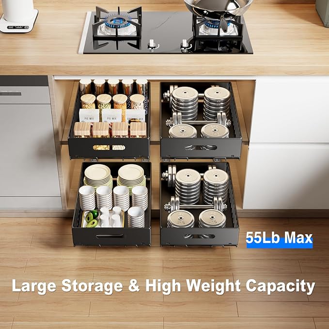 2 Pack Pull Out Cabinet Organizer, Slide Out Drawers for Cabinets, Peel and Stick, Heavy Duty Shelves for Kitchen, Cupboard, Pantry, Bathroom (16.5" D*11.8" W*3.94" H-Black)