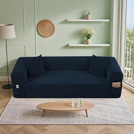 83'' Boneless Sofa in A Box, 3-Seater Floor Sofa No Assembly Corduroy Couch for Living Room, Cloud Couch with 2 Pillows & Storage Bag, Memory Foam Small Floor Couches for Office, Navy Blue