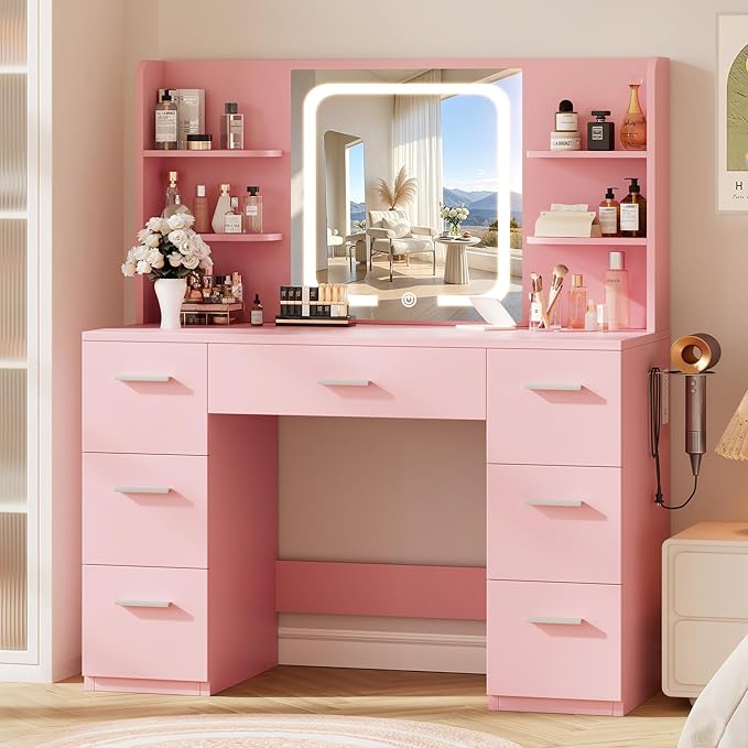 Large Makeup Vanity Desk, 43.3“W x 15.7”D x 53.2“H, Pink (Large Desktop, Samrt LED Mirror, 4 Open Shelves, 7 Drawers, Hairdryer Rack, Power-Outlet, No Cushion Stool Included)