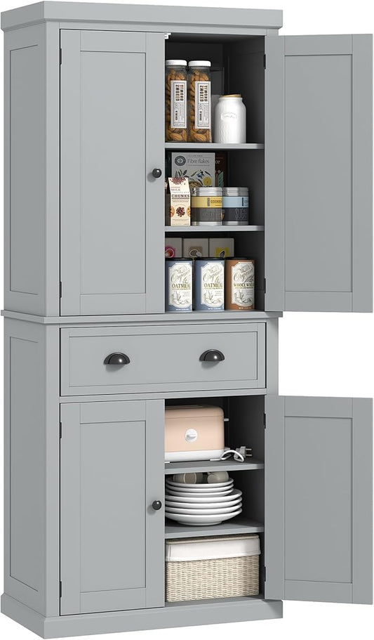 HOMCOM 72.5" Kitchen Pantry Cabinet, Traditional Freestanding Storage Cabinet with 4 Doors, Drawer and 3 Adjustable Shelves for Dining Room, Gray