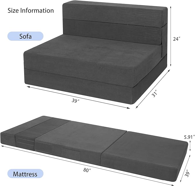 Sofa Bed Foldable Mattress ，Folding Sleeper Sofa Chair Bed Floor Mattress with Pillow for Living Room Home Office (Dark Gray -Corduroy, Twin XL)