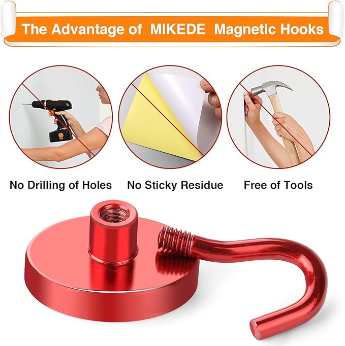 MIKEDE Strong Magnetic Hooks, 120Lbs Heavy Duty Magnetic Hooks for Cruise, Neodymium Earth Magnets with Hooks for Hanging, Super Metal Magnetic Hanger for Grill, Storage (Red,10 Pack)