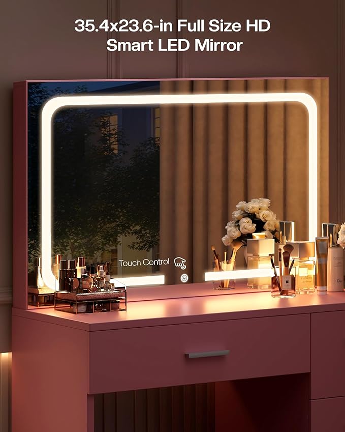 Makeup Vanity Desk Set, Pink, 35.4“W x 15.7" D x 53.9" H (Large Smart LED Mirror, with Cushion Stool, Hairdryer Rack, Power-Outlet, 4 Drawers)