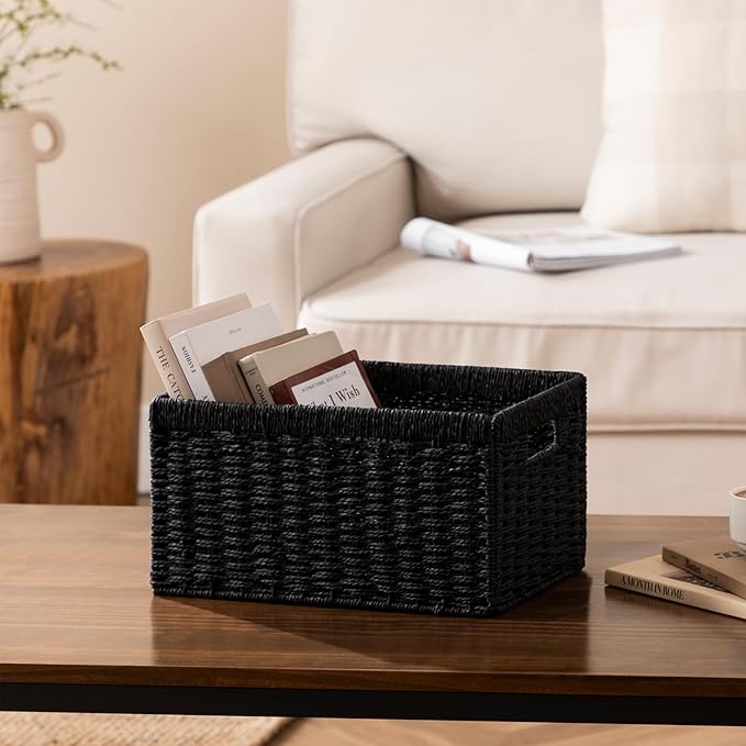 joybest Black Shelf Storage Wicker Baskets, 4-Pack Woven Paper Rope Baskets for Organizing, Foldable Rectangular Bin with Handles for Pantry, 13.4L x 8.3W x 7.1H Inch