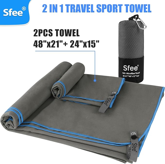 2 Pack Microfiber Travel Towel, Quick Dry Towel Camping Towel Super Absorbent Compact Lightweight Sports Towel Swim Gym Towels Beach Towel Set for Gym, Hiking, Pool, Backpacking, Bath, Yoga