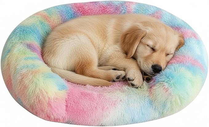 Fluffy Dog Bed Calming Donut Beds for Large Dogs Warming Round Small Medium Pet Nest Cozy Cat Mattress Indoor Washable Puppy Kennel Kittens Sleep Mat (S, 23.6×23.6 inch, Rainbow)