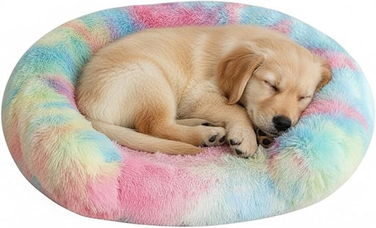 Fluffy Dog Bed Calming Donut Beds for Large Dogs Warming Round Small Medium Pet Nest Cozy Cat Mattress Indoor Washable Puppy Kennel Kittens Sleep Mat (S, 23.6×23.6 inch, Rainbow)
