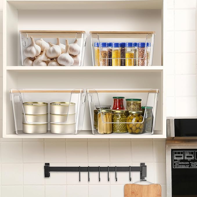 Pantry Organizers and Storage, Stackable Plastic Pantry Organizer with Lid & Handle for Kitchen Counter, Fridge for Fruit, Potato, Onion, Vegetable, 4 Set (Clear- 2 Large Bin & 2 Medium Bin)