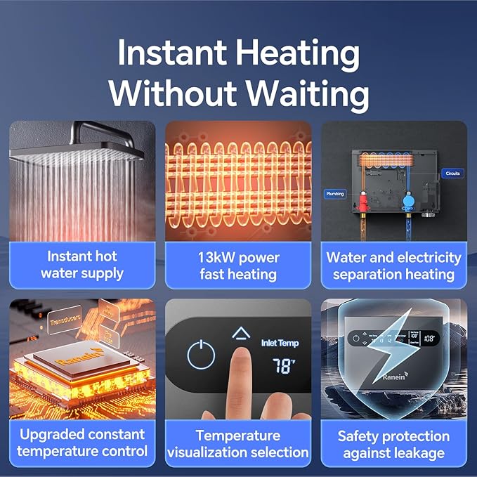 Ranein 13kW Tankless Electric Water Heater, 240V on Demand Instant Endless Water Heater with LED Temperature Display, Up to 3.1 GPM for 1-2 Point of Use