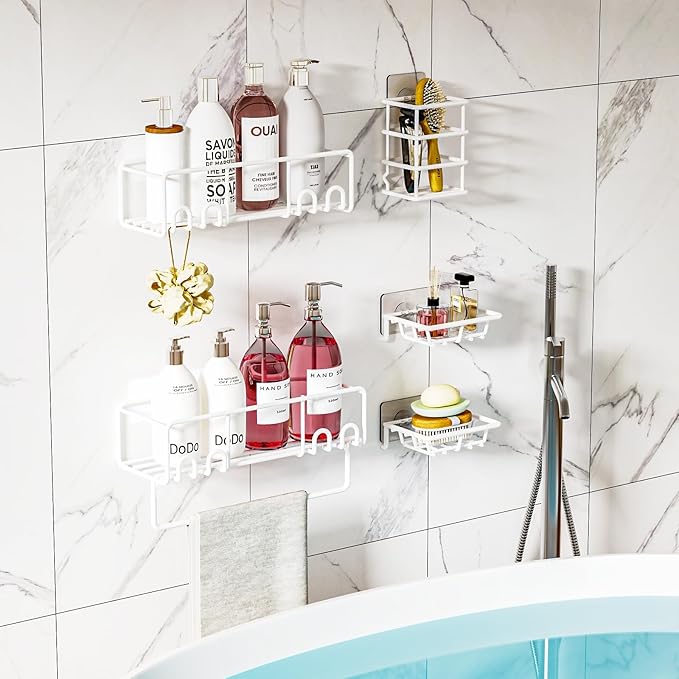 5-Pack Shower Caddy, Adhesive Shower Organizer, No-Drill Space Saving Shower Shelf with Soap Dish, Rustproof Shower Shampoo Holder for Kitchen & Bathroom Storage & Home Decor (White)