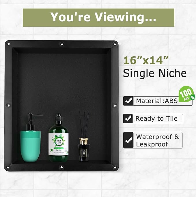 Suteck 16-Inch x 14-Inch x 6-Inch Recessed Shower Niche, Single Shelf, Ready for Tile, Black