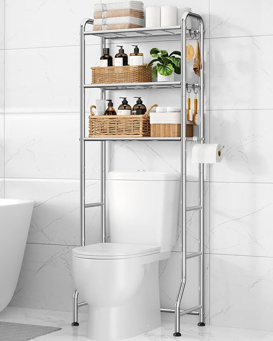 Kitsure Over Toilet Storage Rack - Metal Over Toilet Bathroom Organizer Shelf, Over the Toilet Storage Cabinet with Paper Holder and Hooks, Bathroom Cabinet for Laundry, Silver, 3 Tiers (63.2" H)