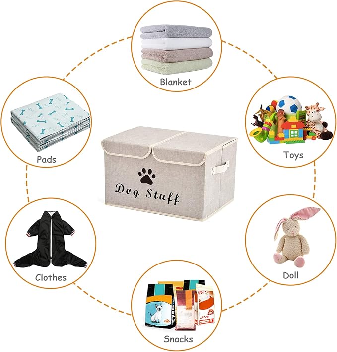 Geyecete Large Storage Boxes - Large Linen Fabric Foldable Storage Cubes Bin Box Containers with Lid and Handles for Dog Apparel & Accessories, Dog Clothing(Beige)