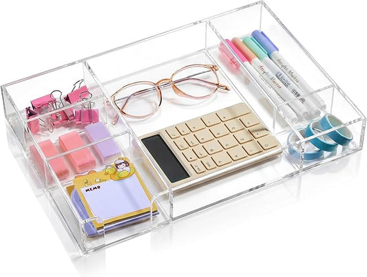 Acrylic Drawer Organizer Clear Desk Drawer Organizer Trays with Adjustable Compartments Desk Accessories for Office Stationery Makeup Silverware Bathroom(Adjustable)