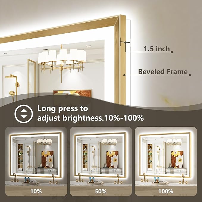 48x40 Gold Framed LED Bathroom Mirror with Lights, Backlit and Front Light, Lighted Bathroom Vanity Mirror for Wall Dimmable Anti-Fog Memory Tempered Glass Horizontal/Vertical