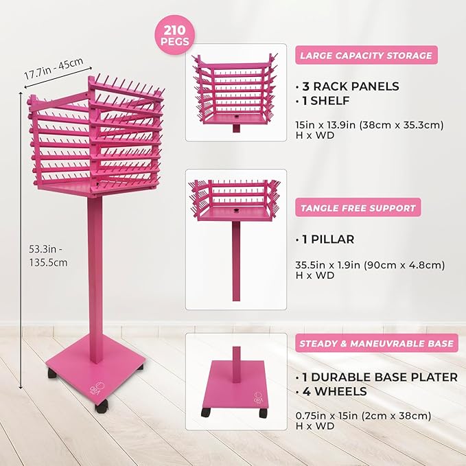 Braiding Hair Rack, Hair Extension Holder, Hair Braiding Tools, Hair Product Organizer, Wooden 3-Sided Rack Stand, Large Capacity (210 pegs) (Pink)
