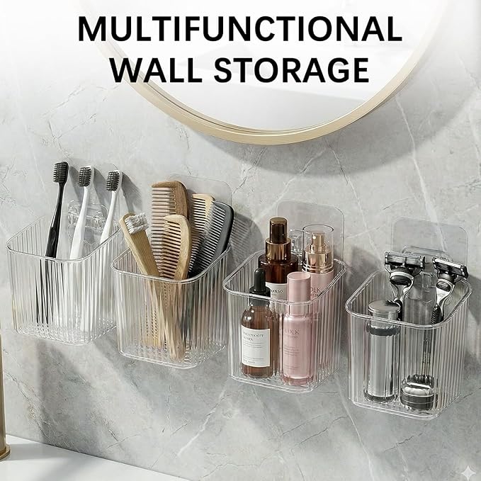 6Pack small Wall Mount Organizer, Adhesive Cabinet Door Storage Bins, Clear Makeup Container, Stackable Organizer Basket for Kitchen, Bathroom, Cabinet, Pantry, Office，Refrigerator Small Items storage