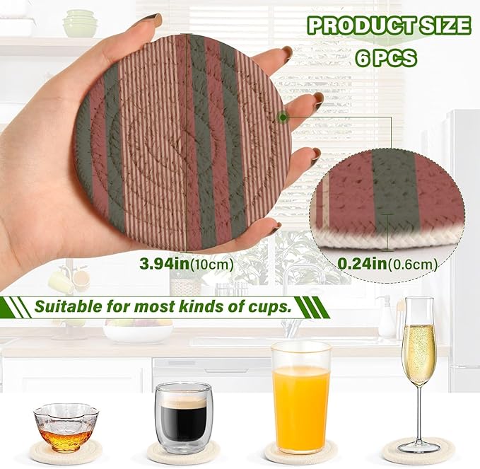 Minimalist Home Decor for Coffee Table, Kitchen, Drink Coasters, Christmas Striped Handmade Cotton Absorbent Coaster Set of 6, Housewarming and Wedding Registry Ideas