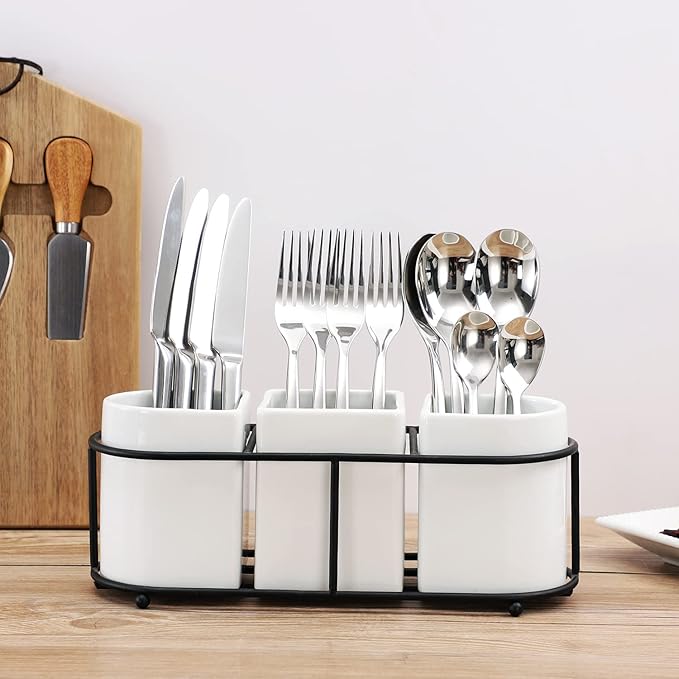 3 Piece Porcelain Flatware Holder Caddy with Metal Rack, Utensil Holder Caddy For Spoons, Knives and Forks Cutlery Organizer