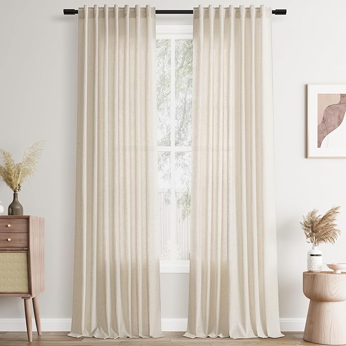 Joywell Beige Linen Back Tab Rod Pocket Linen Curtains 108 Inches Long 2 Panels for Living Room Bedroom Neutral Boho Farmhouse Rustic Light Filtering Semi Sheer Curtains Window Treatment 52x108