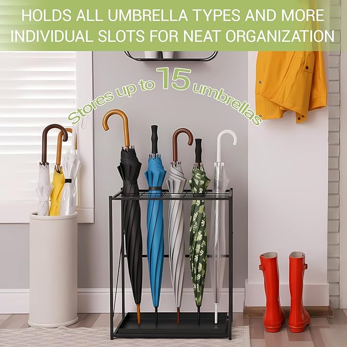 Folding Umbrella Storage Stand Rack Holder Organizer Free Standing Umbrella Rack with Removable Drip Tray for Entryway Home Office Hotel Entry Hallway(L18.31 X W11.89 X H19.69 Inch)