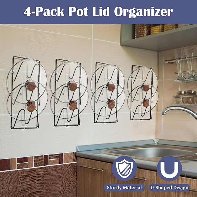 4-Pack Pot Lid Organizer – Heavy-Duty Metal Total 12 Tier Lid Rack for Cabinet, Wall, or Door, No-Drill Adhesive Mount – Space-Saving Kitchen Storage (Black)