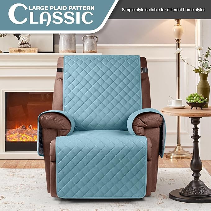 KinCam 100% Waterproof Recliner Chair Cover, Reclining Couch Covers for Pets, Dogs, Recliner Couch Slipcover Furniture Protector with Elastic Straps for Kids(25", Light Blue)