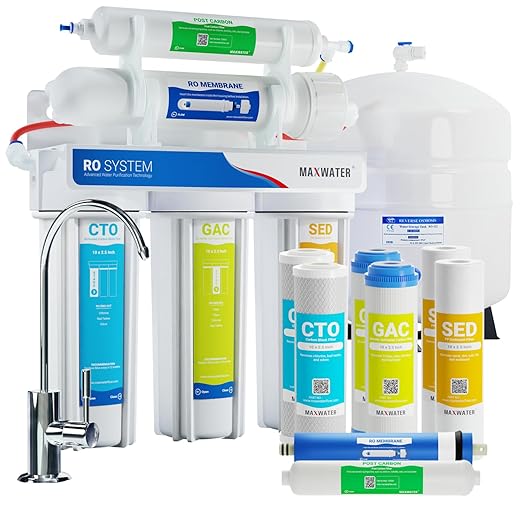 Max Water 100 GPD Reverse Osmosis Water Filtration System - 5 Stage RO System with Faucet and Tank Plus 4 Extra Filters - Under-Sink/Wall Mount (White, with Tank & Faucet) - Model : RO-5W2