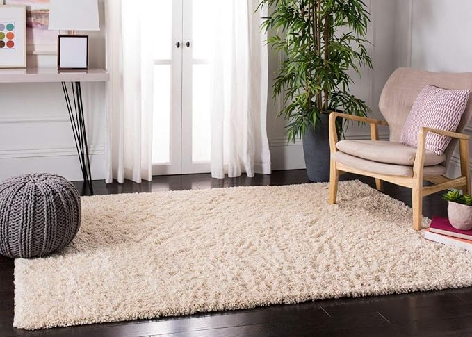 SAFAVIEH Fontana Shag Collection Area Rug - 6'7" x 9', Creme, Solid Design, Non-Shedding & Easy Care, 2-inch Thick Ideal for High Traffic Areas in Living Room, Bedroom (FNT800B)