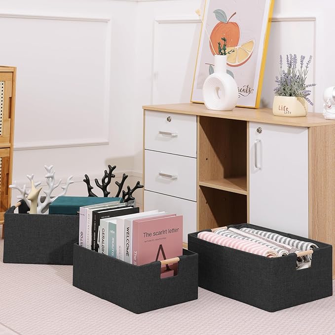 ANMINY 4PCS Storage Baskets for Organizing Collapsible Fabric Storage Bins Boxes with Wood Handles Closet Shelves Cube Organizer Bins Clothes Laundry Storage Container - Small, Black