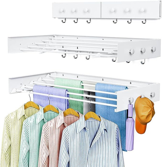 Drying Rack Clothing,Clothes Drying Rack Wall Mounted,Laundry Drying Rack Wall Mount,Foldable,Collapsible,60 lb Capacity 5 Aluminium Poles with 6 Hooks (White, 31.5" Upgrade)
