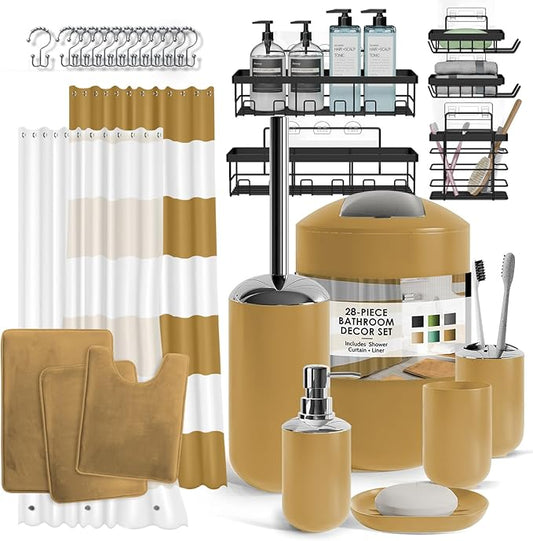 Clara Clark Bathroom Accessories Set - 28PC Bathroom Set with Adhesive Corner Shower Caddy Hanging, Bathroom Sets with Shower Curtain and Rugs, Gold Shower Curtain Set with Bathroom Trash Can