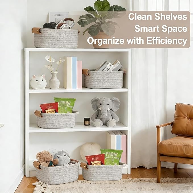 SVNR Brown Storage Baskets Set of 5, Woven Rope Shelf Bins for Organizing - Durable Cube Organizers for Closet, Nursery, Bedroom, Toy Storage with Handles, Modern Home Decor