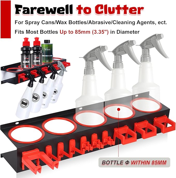 Spray Bottle Holders for Car Detailing, 22Pcs Heavy-Duty Wall Mounted Steel Rack Set with Clips Hooks & Brushes, Garage Van Workshop Organizer for Aerosol Cans, Van, Workshop, Garden Tools