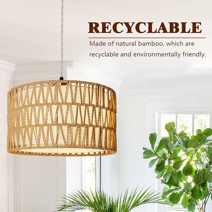HuisMier Plug in Pendant Light Rattan Hanging Lamp 15 Ft Boho Hanging Lights with Rattan Woven & Fabric 2 in 1 Shade, Dimmable Plug in Pendant Light for Living Room Bedroom Dining Room