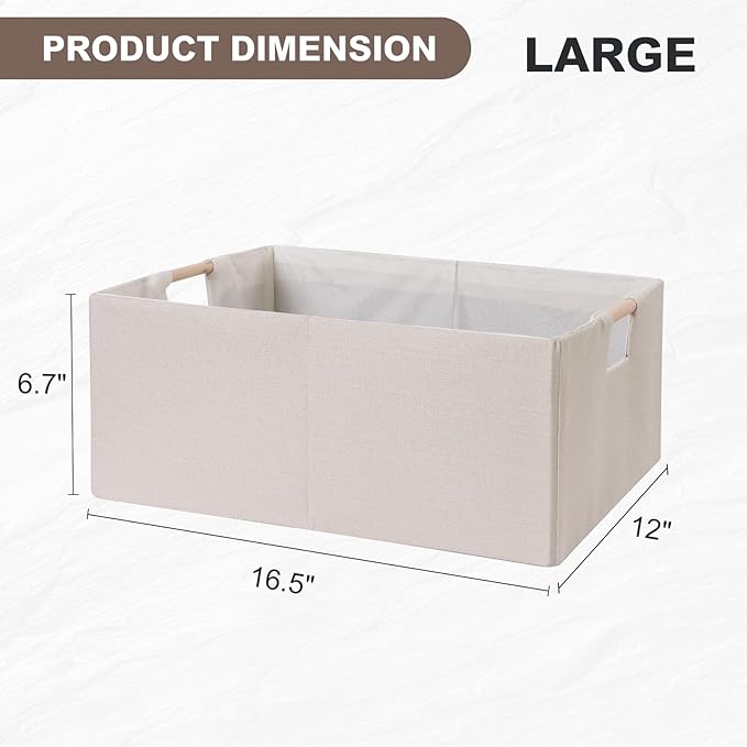 ANMINY 6PCS Storage Baskets for Organizing Collapsible Fabric Storage Bins Boxes with Wood Handles Closet Shelves Cube Organizer Bins Clothes Laundry Storage Container - Large, Beige
