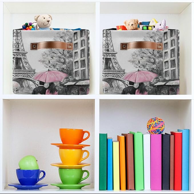 Storage Basket Pink Paris Tower Storage Bin Cube with Handles Foldable Storage Baskets for Shelves Living Room Home Decor 1PC
