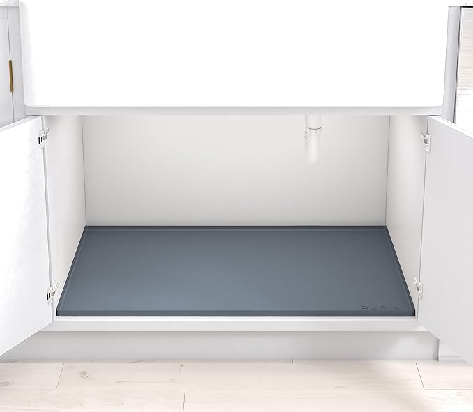 BASIN - Heavy Duty Under Sink Mat - The Original Silicone Under Sink Mats for Kitchen Waterproof - Under Sink Tray for Kitchen Waterproof - Under Sink Cover Kitchen Cabinet Liner Gray 34.25x22